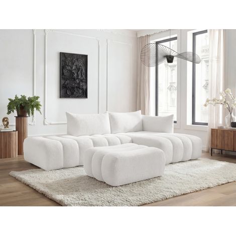 BOBOCHIC - Canapé d'angle fixe modulable AZRA tissu bouclette avec pouf Angle droit Blanc (1/5)