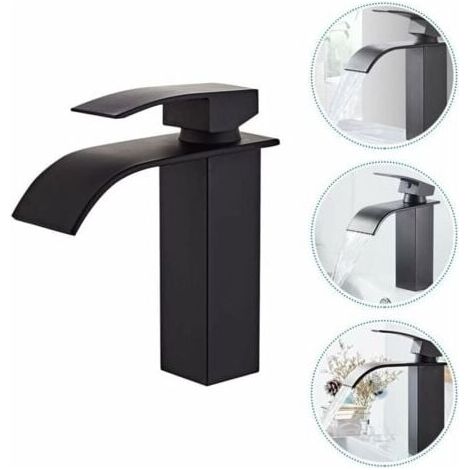 Bathroom Faucet and Two Inlet Hoses, Sink Faucet with Cold & Hot Water Available, Modern Waterfall Design Sink Faucet, Durable Black Copper Valve Body Design