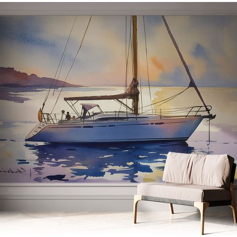 Papier peint adhésif autocollant pour salon chambre à coucher peint imprimé pour mur Voilier au coucher du soleil 312x219 cm (1/5)