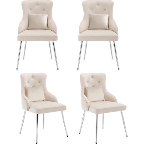 Juego de 4 sillones modernos de terciopelo beige con reposabrazos acolchados y detalles capitoné, con patas de metal, ideales para la sala de estar, el dormitorio, la oficina o el estudio. (1/5)