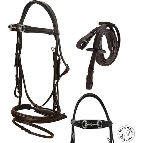 PONY, MARRONE: Briglia inglese in cuoio con frontalino decoro morso e cristalli con redini in gomma