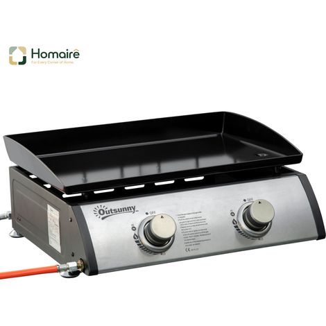 HOMAIRE Tischgrill Gasgrill BBQ avec 2 brenners, schlauch, inox & métal, plaque antiadhésive, idéal pour camping