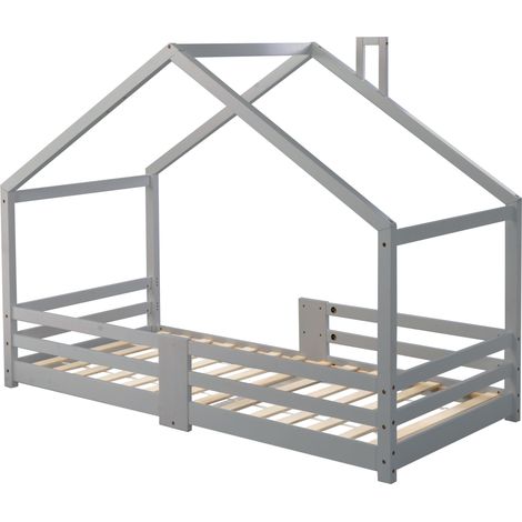 Cama cabaña infantil 90 x 200 cm de madera de pino gris con chimenea y barrera de seguridad (1/5)