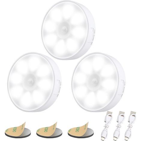 [Pack of 3] USB Rechargeable Automatic LED Night Light,6000K Induction Night Light & 8 LEDs & 400mAh Battery,Motion Sensor Lamp,LED Adhesive Lamp with Magnetic Base [Energy Class A] (1/5)