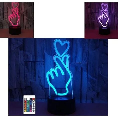 Veilleuse 3D avec télécommande en forme de cœur et de main - 16 couleurs - Illusion de lumière LED en acrylique - Lampe de chevet (1/4)