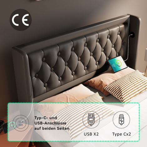 Lit double 180x200 cm, sommier hydraulique avec rangement, tête de lit rembourrée avec port USB-C, LED 3 côtés, noir, simili cuir PU, sans matelas. (1/5)