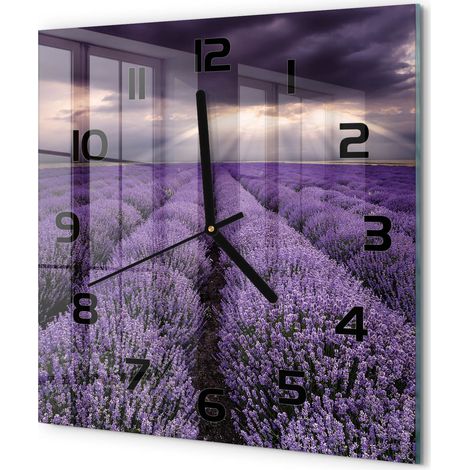 Horloge Murale Carrée Verre Silencieuse Moderne Décoration Salon Cuisine Champ de lavande 30x30 cm (1/5)