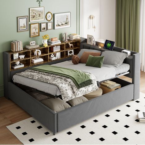 Schlafsofa 140x200 cm dunkelgrau aus Samt mit hydraulischem Stauraum, Nachtlicht und Ladeanschlüssen (1/5)