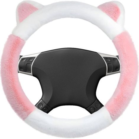 Winter-Lenkradbezug fürs Auto luxuriöser Lenkradbezug mit Ohren warmer und rutschfester Lenkradbezug schöne Autodekoration für Zuhause rosa und weiß (1/5)