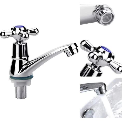Miscelatore monocomando per lavabo, miscelatore per acqua fredda, rubinetto per acqua fredda, rubinetto per bagno, rubinetto per mobiletto con maniglia a croce cromata e filtro (1/4)