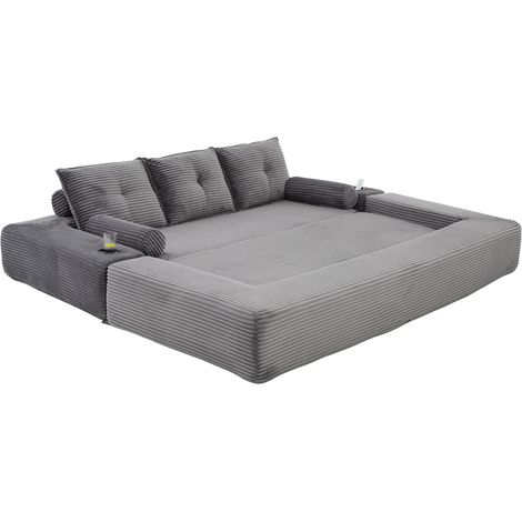 Divano letto 3 posti in velluto a coste grigio scuro, schiuma e molle, tasche e portabicchieri (1/5)