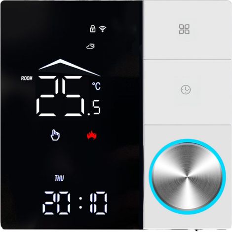 Thermostat Intelligent WiFi pour Chauffage au Sol Hydronique et Chaudière, Écran Noir avec Boutons Blancs, Réglage par Molette et Fonction de Liaison