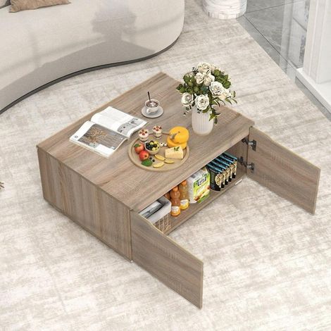 Table basse avec rangement, 4 portes à double accès, table de salon rectangulaire effet chêne 80x60x37 cm (1/5)