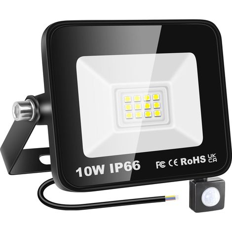 Lampe d'extérieur avec détecteur de mouvement 10W, projecteur LED 1000lm, lumière blanche 6000K, éclairage de sécurité étanche IP66 pour jardin, garage, cour, terrain de sport, patio, porche