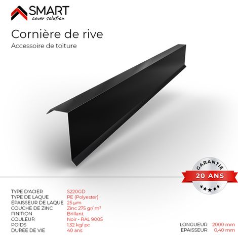 Bravo The Smart Solution – Cornière de rive bac acier – Accessoire de toiture noir RAL 9005 – Longueur 2m – Compatible couverture légère – Installation facile