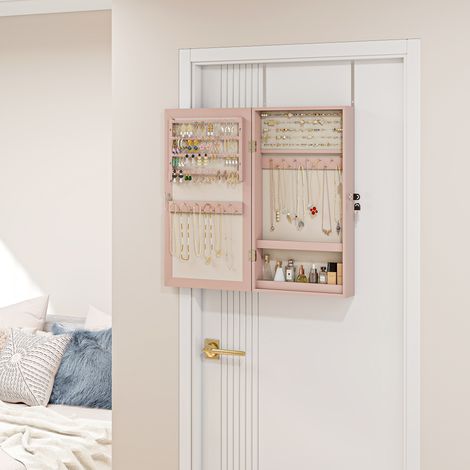 Specchio portagioie da parete con serratura e scomparti multipli, si monta a parete o su porta, fodera rosa e beige
