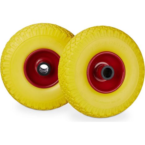 Roue de brouette, caoutchouc, 3.00-4", 2x roue de rechange, pour axe de 25 mm, 260x85 mm, jaune-rouge (1/5)