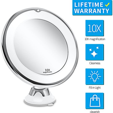 Grossissant Miroir Maquillage 10x avec Lumières LED 1 Joint à Bille d'attache Portable à 360° Miroir Cosmétique Voyage, pour Salle de Bain, Ajustable (1/5)