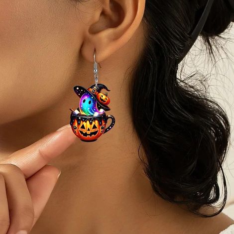 Boucles d'oreilles fantômes tasse à thé pour Halloween - Design tendance citrouille et chapeau de sorcière, bijoux amusants pour les fêtes, cadeaux idéaux et accessoires tendance (1/5)