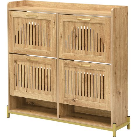 Meuble moderne pour les chaussures, avec des portes verticales et décorées de motifs incrustés. Meuble de rangement composé de 4 portes, avec un cadre en métal et des étagères intérieures. (1/5)
