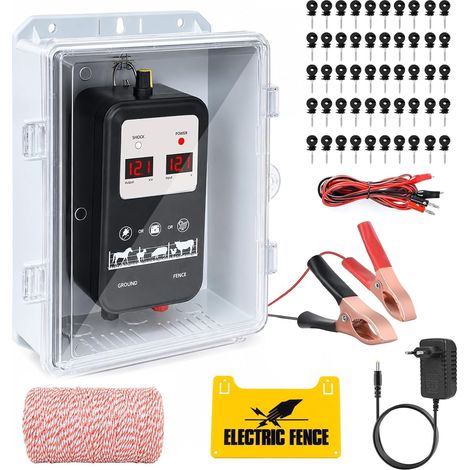 15KM Electric Fence Electrifier with Waterproof Housing, Fence Kit with Ring Insulators and Fence Wire, Adjustable Output Voltage 12kV-13.5kV, for Animal Protection (1/5)