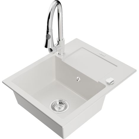 Mexen Enzo évier en granit 1 bac avec égouttoir et robinet de cuisine Elia, blanc - 6506-20-670101-00 (1/5)