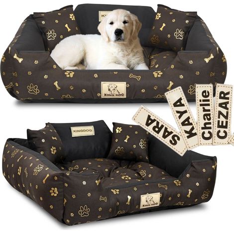 Cama para perros KINGDOG, parque infantil de 75x65 cm, personalizada, impermeable, con forma de huesos dorados.