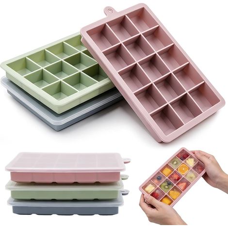 Juego de 3 bandejas de silicona para 45 cubitos de hielo con tapas, fáciles de desmoldar, reutilizables para cócteles, whisky, bebidas, congeladores y sopas. (1/5)