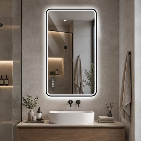 Specchio da bagno LED 60x100 cm, antiappannamento, 3 colori, dimmerabile, nero DESVIAE (1/5)
