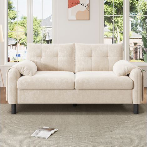 Divano 2 posti 158x80x88.5 cm beige in chenille con tasche laterali e cuscini spessi (1/5)