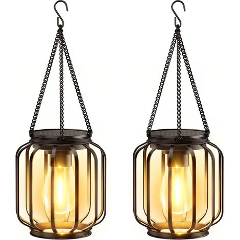 Lampe Solaire Exterieur Jardin Suspendue, 2 Pièces Lanterne Solaire Exterieur avec Ampoule LED, IP65 Étanche Métal lumiere solaire (1/5)