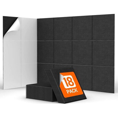 Lot de 18 panneaux acoustiques autocollants, carrés de 30 x 30 x 0,9 cm, panneaux acoustiques à isolation thermique haute densité pour studio, salle de jeux, bureau, noir (AAA) (1/5)