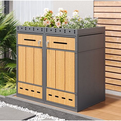 Copripattumiera doppio 132 x 80 x 124 cm in metallo grigio con vano per terrazza FloraGrace (1/5)