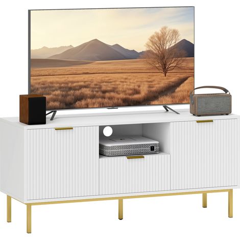 Mobile porta TV, per televisori da 50 pollici con 2 ante a chiusura ammortizzata, cassetto e vano a giorno, 120x39x54 cm, bianco