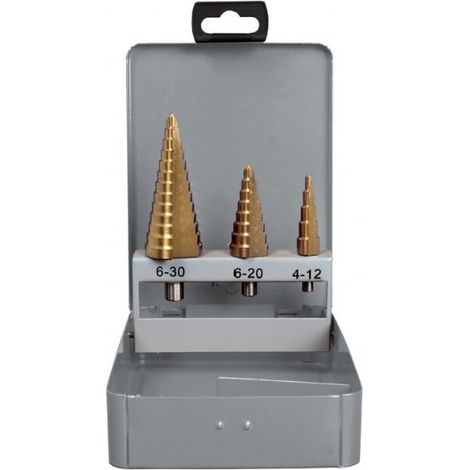 Serie di 3 frese coniche gradino scalino allargatori hss da 4 a 30 mm Fervi f430