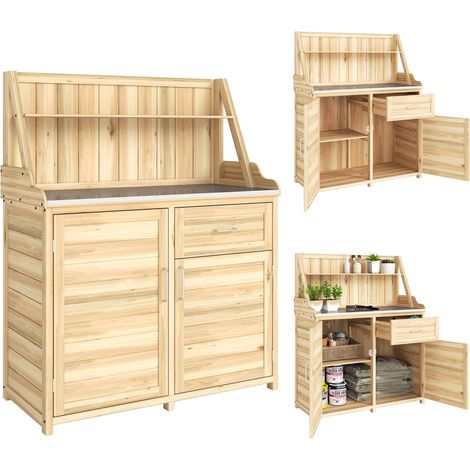 Armoire de Jardin en Bois avec Plan de Travail en Métal Galvanisé Tiroir et Étagère 100x45x129,5cm Naturel (1/5)