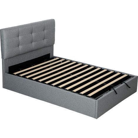 Cadre de lit double rembourré 140x190 cm avec coffre de rangement intégré, sommier à lattes en bois, gris, sans matelas (1/5)