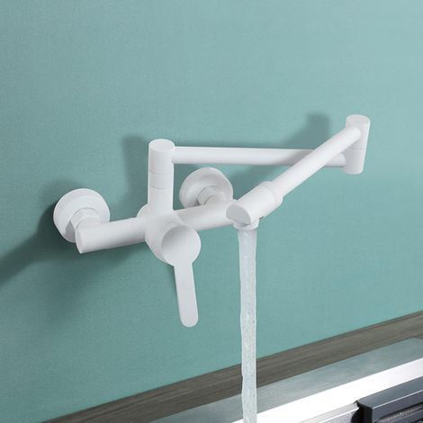 Rubinetto da cucina a parete, rubinetto da cucina, miscelatore da cucina pieghevole in ottone, miscelatore da cucina monocomando, miscelatore da cucina per acqua calda e fredda, bianco (1/5)