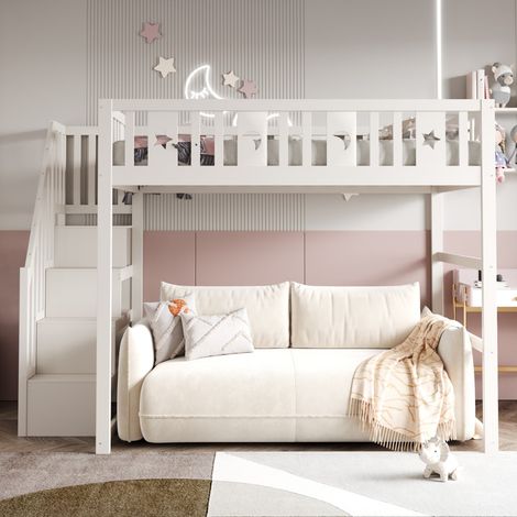Lit Mezzanine Enfant Superposé-Bois Massif avec Escalier-Garde-Corps Sécurité-Décor Étoiles-Lune-Blanc-253x145x171cm-Sans Matelas (1/5)