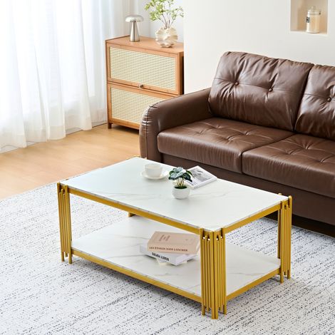 Tavolino da caffè rettangolare 114 x 63,5 x 46,3 cm con 2 ripiani, MDF e metallo, bianco/oro HAVRYA (1/5)