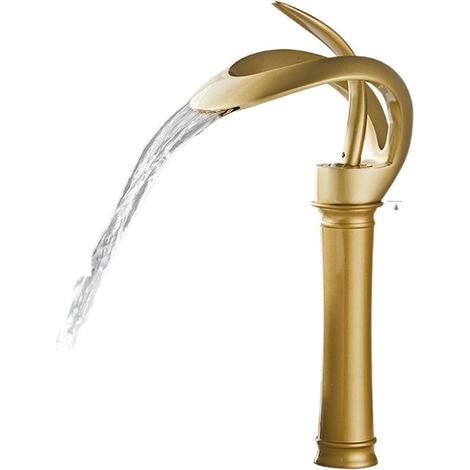 Robinet de cuisine Robinet de lavabo créatif de style cascade à trou, robinet de lavabo d'armoire de salle de bain chaude et froide, robinet de ménage entièrement en cuivre(Frosted gold B) (1/5)