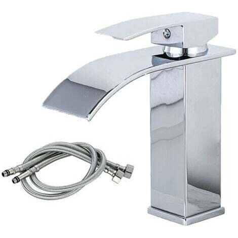 Wasserfall-Waschtischarmatur, moderne Badarmatur mit großem, quadratischem Messingauslauf, Warm- und Kaltwasseranschluss, Silber