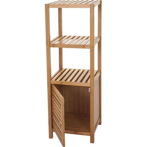 [NEUWERTIG] Badregal HHG-554, Badezimmer Badschrank Standregal mit Tür, Bambus 110x36x34cm