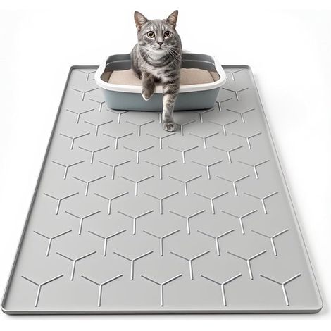Tappetino per lettiera per gatti di grandi dimensioni, 86 x 56 cm, in silicone impermeabile, colore grigio. (1/5)