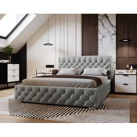 Emporius Lit adulte 200x200 cm Elira, lit glamour en velours avec sommier à lattes et rangement, Gris (1/5)