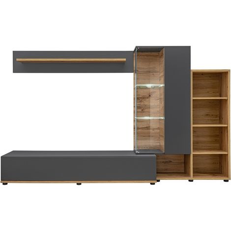 Composizione murale collezione KLIS 2 colori grigio antracite e quercia. LED inclusi. Mobile TV di design.