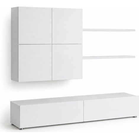Parete Attrezzata Mobile Soggiorno Moderno Con Base TV 2 Ante Pensile 4 Ante E 2 Mensole Design Contemporaneo In Melaminico Facile Da Pulire 200 X 194 X 40 Cm Bianco Effetto Legno (1/5)