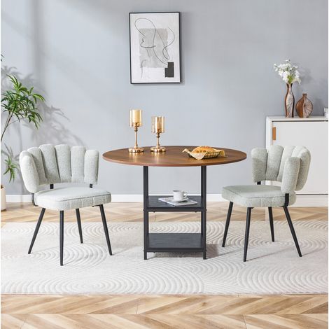 Ensemble table ronde 107 cm effet noyer avec 2 chaises bouclé beige, MDF et métal (1/5)