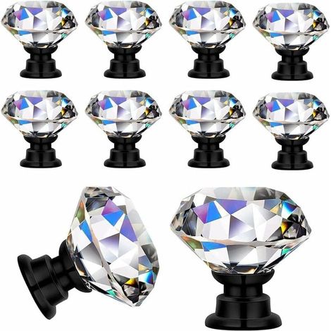 10 Pièces Poignées Boutons de porte Transparent Diamant Cristal Verre Portes Meuble Tiroir Placard Décoration Avec Vis,30mm (10PCs, Noir)-- (1/5)
