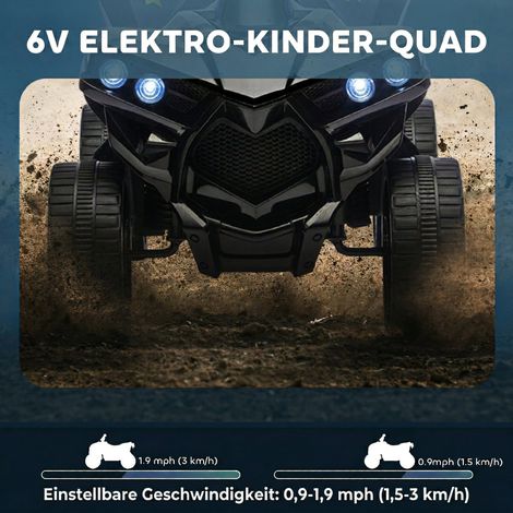 Quad électrique enfant 6V, marche avant/arrière, musique, phares LED, noir